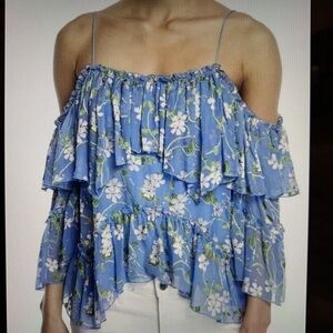 Alice + Olivia Tia Ruffle Top Off The Shoulder Floral Blue Size XS